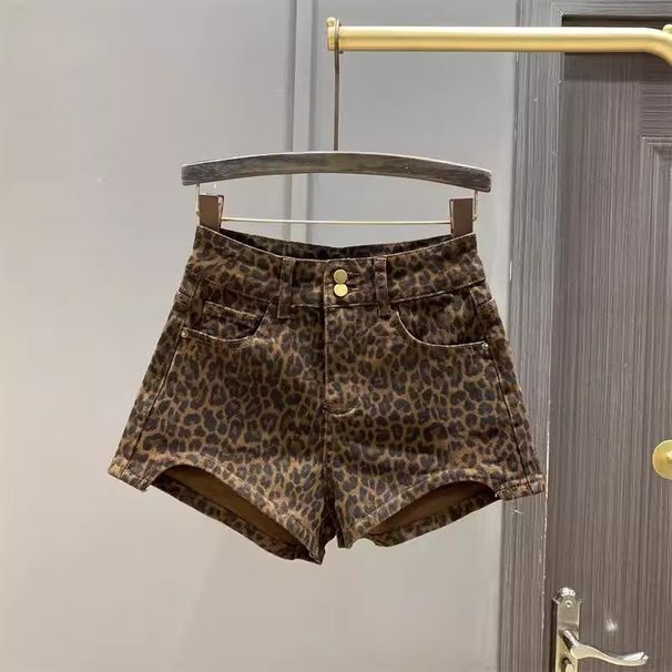High Waisted Leopard Print Denim Shorts for Women American Style Two Button Wide Leg A-Line Slimming Hot Pants Summer 2023_mkmklike.com