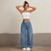 Women's Embellished High Waist Wide Leg Jeans - Flared Straight Denim Pants With Beaded Details For Casual Streetwear_mkmklike.com