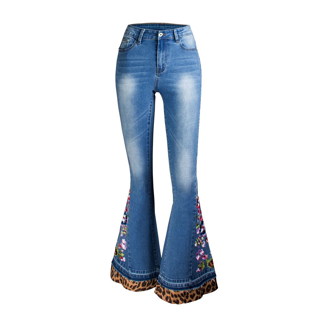 Women's Clothing Women's Denim Bell Bottom Trousers Embroidery Stitching Leopard Print Denim Women's Autumn Denim Wide Leg Trousers_mkmklike.com