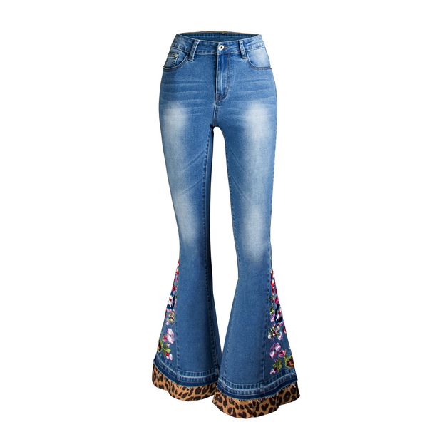 Women's Clothing Women's Denim Bell Bottom Trousers Embroidery Stitching Leopard Print Denim Women's Autumn Denim Wide Leg Trousers_mkmklike.com