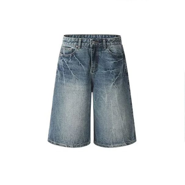 Men's Washed Lightning Pattern Loose Fit Denim Cargo Shorts Retro Streetwear Style_mkmklike.com
