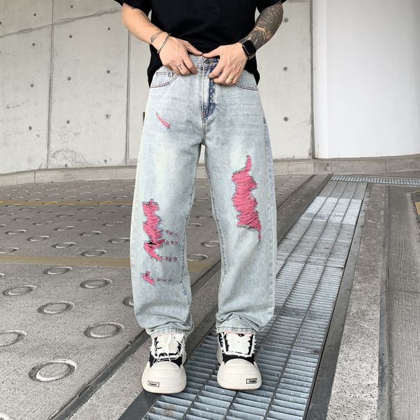 Men's Clothing Summer New Trendy Brand American Pink Ripped Jeans Men's Loose Straight Men's Wide Leg Casual Trousers Thin Style_mkmklike.com