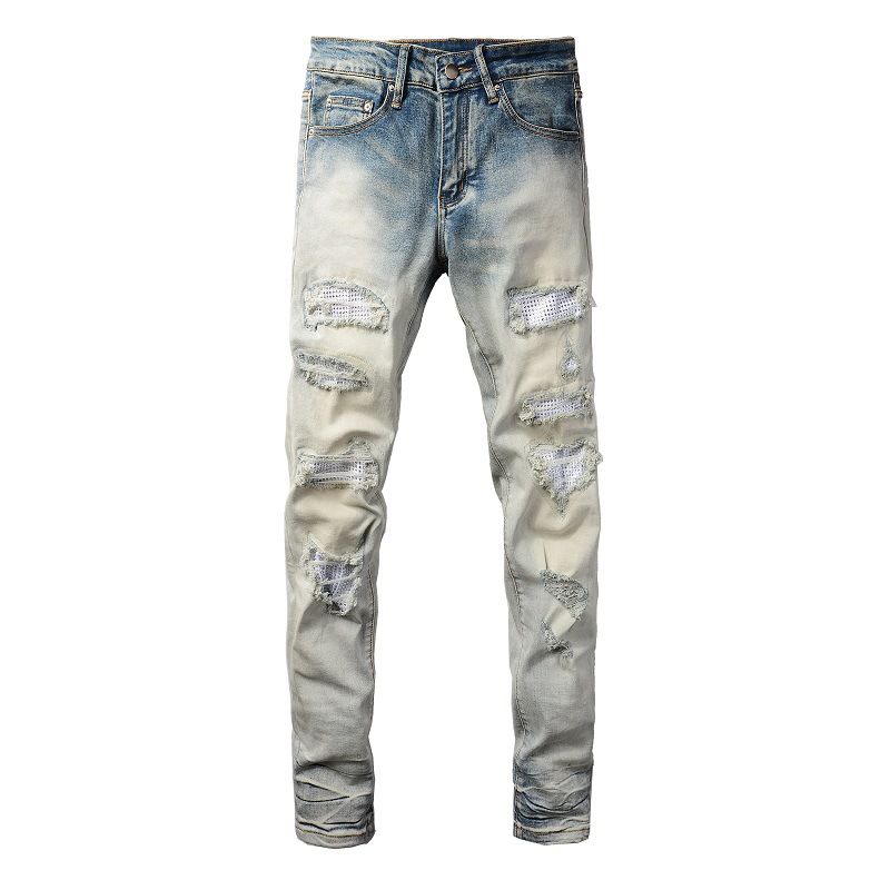 Men's Clothing European And American Ins Same Style Cat Whisker Wrinkled Patchwork Leather Patch Hole Elastic Slim Fit Skinny Jeans Jeans_mkmklike.com