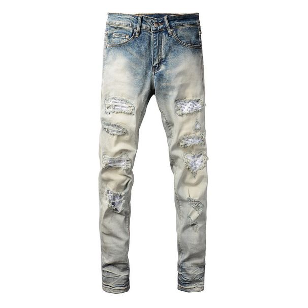 Men's Clothing European And American Ins Same Style Cat Whisker Wrinkled Patchwork Leather Patch Hole Elastic Slim Fit Skinny Jeans Jeans_mkmklike.com