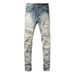 Men's Clothing European And American Ins Same Style Cat Whisker Wrinkled Patchwork Leather Patch Hole Elastic Slim Fit Skinny Jeans Jeans_mkmklike.com