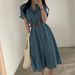 Ins Korean Style Lapel Short Sleeved Denim Dress For Women, With Waist Cinched To Show Off A Slim And Elegant Long Skirt_mkmklike.com