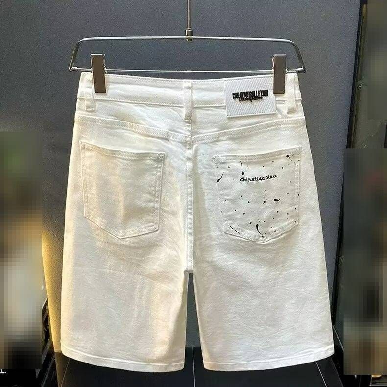 High End Slim Fit Printed Denim Shorts For Men Stretchy Casual Style Cool And Stylish Black Thin Five Point Pants_mkmklike.com