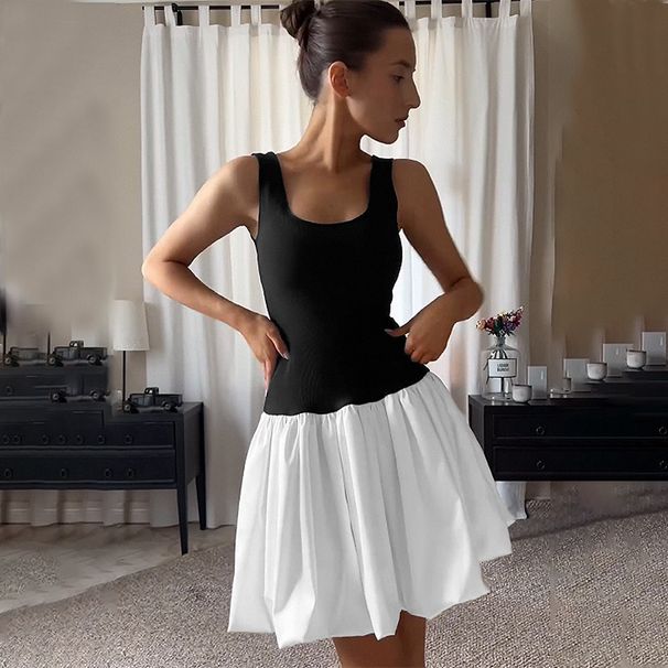 Women's Clothing fashion slim fitting one shoulder contrast color stitching pleated dress _mkmklike.com