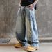Men’s Retro Blue Wide-Leg Distressed Jeans – Vintage Bamboo Print & High Street Loose Fit_mkmklike.com