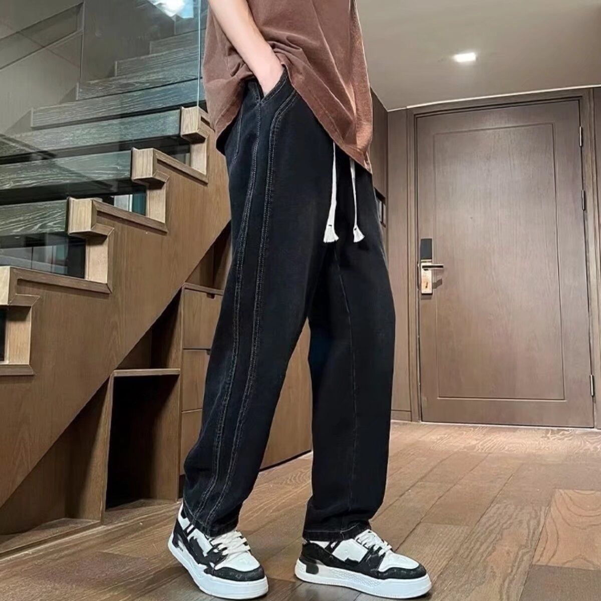 Men's Style Straight Leg Jeans High Street Retro Trendy Loose Wide Leg Floor Length Pants With Elastic Waistband_mkmklike.com
