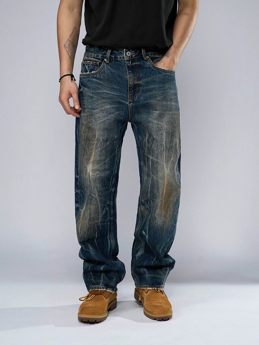 Men's High Street Wide Leg Distressed Jeans - Relaxed Fit Straight Denim Pants For Casual Wear_mkmklike.com