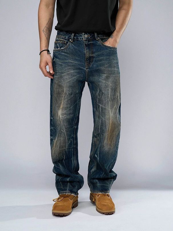 Men's High Street Wide Leg Distressed Jeans - Relaxed Fit Straight Denim Pants For Casual Wear_mkmklike.com