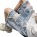 Men's Ripped Jeans mid Length Shorts Summer Washed Loose Fit American Trendy Brand Street Style Frayed Edges Five Point Shorts_mkmklike.com