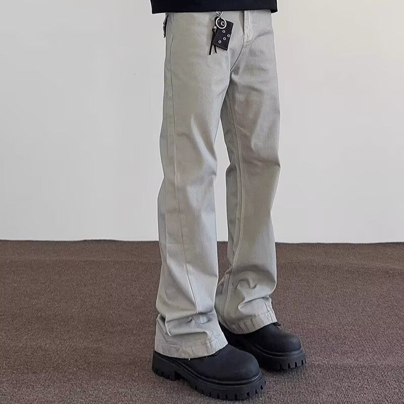 Trendy High Street Yellow Mud Dyed Washed Jeans For Men With Line Design Sense, Slim Fit Straight Leg Flared Pants_mkmklike.com