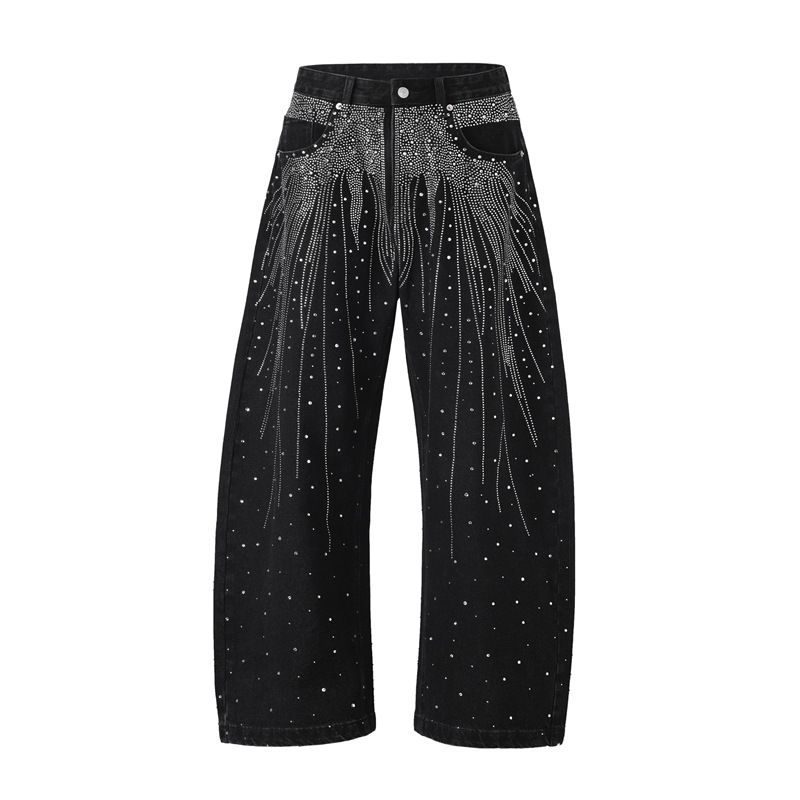 European And American High Street Washed Loose Wide Leg Pearl Full Diamond Stacked Jeans_mkmklike.com