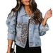 Women's Distressed Leopard Print Denim Jacket Button Down Washed Long Sleeve Ripped Cheetah Design_mkmklike.com