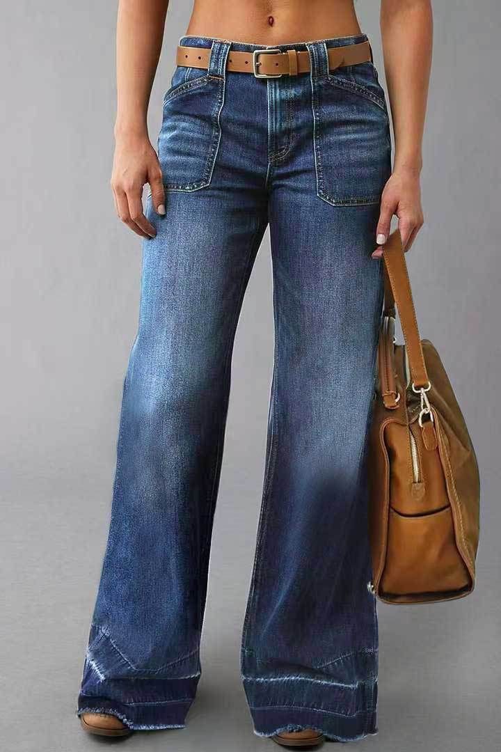Women's High Waist Flared Jeans Stretchy Denim Pants With Color Block Design Slim Fit Comfortable Casual Trousers For Women_mkmklike.com