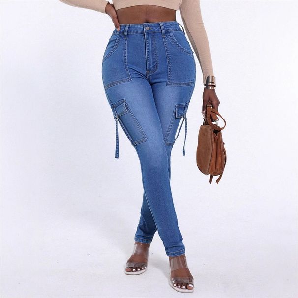 "Women's Slim-Fit Jeans With Elastic Waist & Flap Pockets – Lifting Hip Design (Blue, S-2XL)"_mkmklike.com