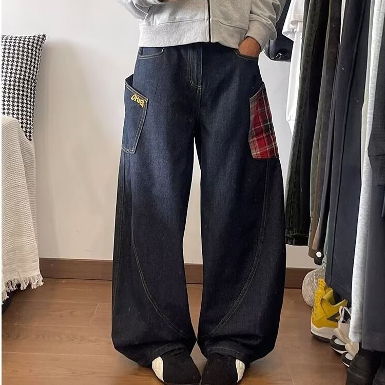 Men’s Patchwork Plaid Jeans – Avant-Garde Asymmetrical Design With Raw Hem & Relaxed Fit (S-3XL, Blue/Red, Polyester Blend)_mkmklike.com