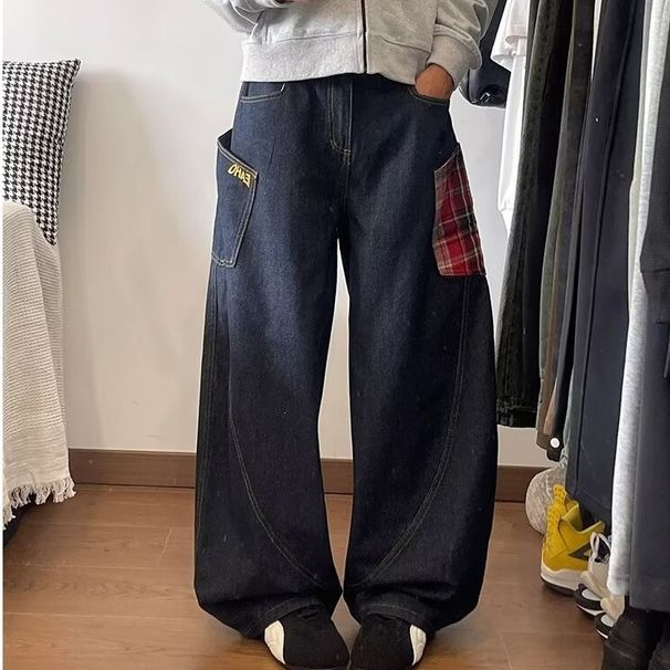 Men’s Patchwork Plaid Jeans – Avant-Garde Asymmetrical Design With Raw Hem & Relaxed Fit (S-3XL, Blue/Red, Polyester Blend)_mkmklike.com