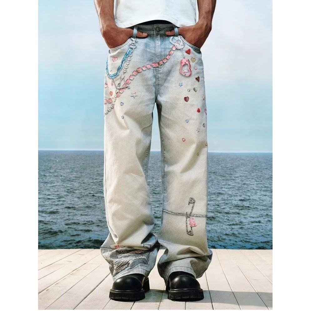 American High Street 3D Digital Print Candy Chain Distressed Curved Blade Jeans, Unisex Straight Leg Casual Pants._mkmklike.com
