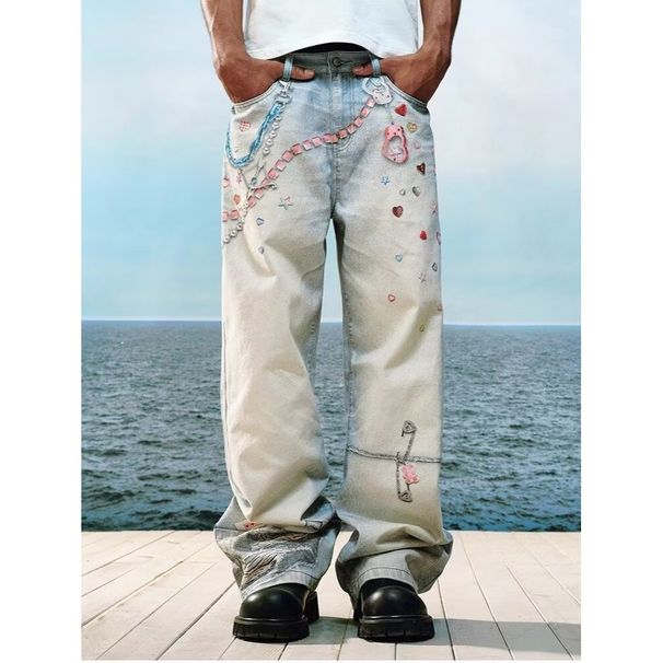 American High Street 3D Digital Print Candy Chain Distressed Curved Blade Jeans, Unisex Straight Leg Casual Pants._mkmklike.com