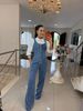 Women's Slim-Fit Denim Jumpsuit Strappy Wide-Leg Romper with Waist Accent_mkmklike.com