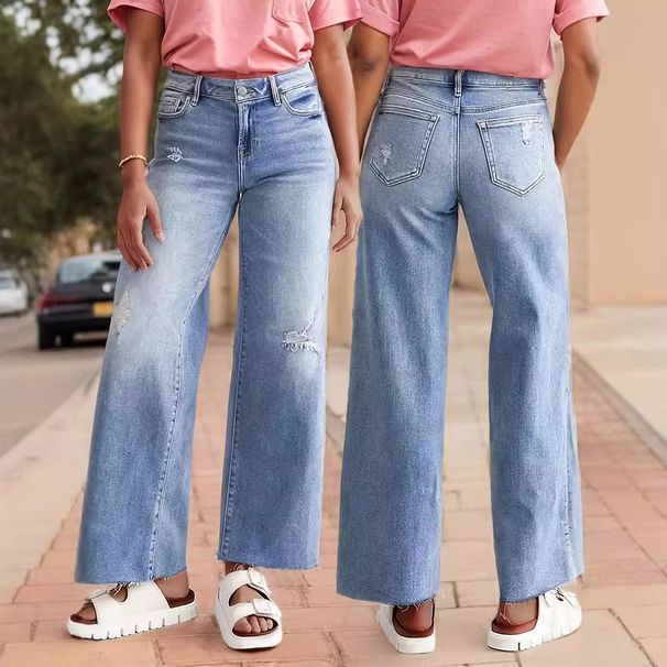Women's Ripped Casual Loose Straight Leg Jeans Versatile Style Denim Pants_mkmklike.com
