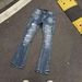 Unisex Vintage Blue Flared Jeans, Vertical Fade & Frayed Scratches, Biker Stacked, Breathable Summer_mkmklike.com
