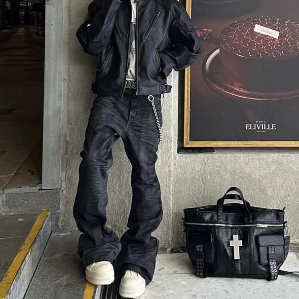 Men's Black Waxed Coated Flared Jeans – High Street Vintage Stacked Hem Slim Fit Extra Long Pants (S-3XL)_mkmklike.com