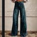 Women's Flared Denim-Look Printed Wide Leg Pants With 3D Star Design - Stretch Polyester Comfort Fit_mkmklike.com