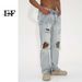 Spot EF Denim | Korean Version Of High Street Light Blue Washed Thin Feet Zipper Split Jeans Knee Holes_mkmklike.com