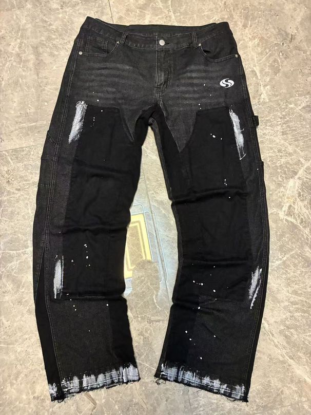 Men's Clothing Men's Denim Cargo Pants, European And American Fashion, Popular On Instagram Style, Stretch Patch Denim Layered Flared Pants 010_mkmklike.com