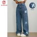 Women's Clothing Straight Leg Jeans High Waist Straight Leg Butterfly Jeans - Classic Denim Pants With Bow Detail In Dark Blue & Light Blue_mkmklike.com