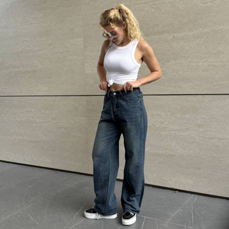 Women's Clothing Spring/summer High Waisted High Waist Wide Leg Blue Denim Jeans - Loose Fit Straight Long Pants With Washed Vintage Style_mkmklike.com