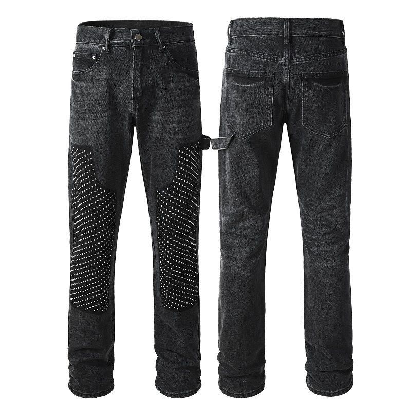 Black Rhinestone Printed Patch Jeans One Plus Sizes Jeans Motorcycle Jeans Straight_mkmklike.com