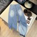 Women's High Waist Straight Leg Cropped Jeans With Gradient Blue Embroidery & Rhinestone Detail, Relaxed Fit, Summer Casual Trousers_mkmklike.com
