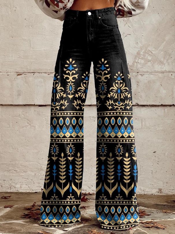 Women's Plus Size Casual Pants - Thin Denim-Like Fabric Wide Leg Trousers, Trendy Twill Options, Streetwear Style_mkmklike.com