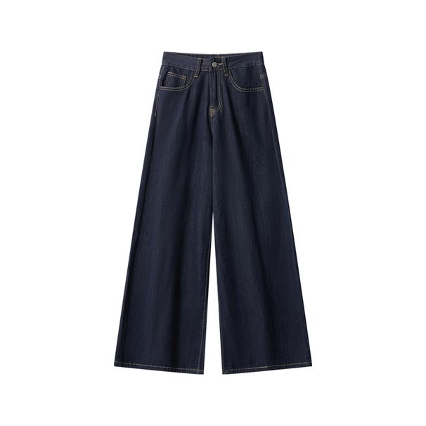 Women's Dark Blue Denim Jeans High Waist Hip Concealing Slimming Wide Leg Straight Leg Pants New Style_mkmklike.com