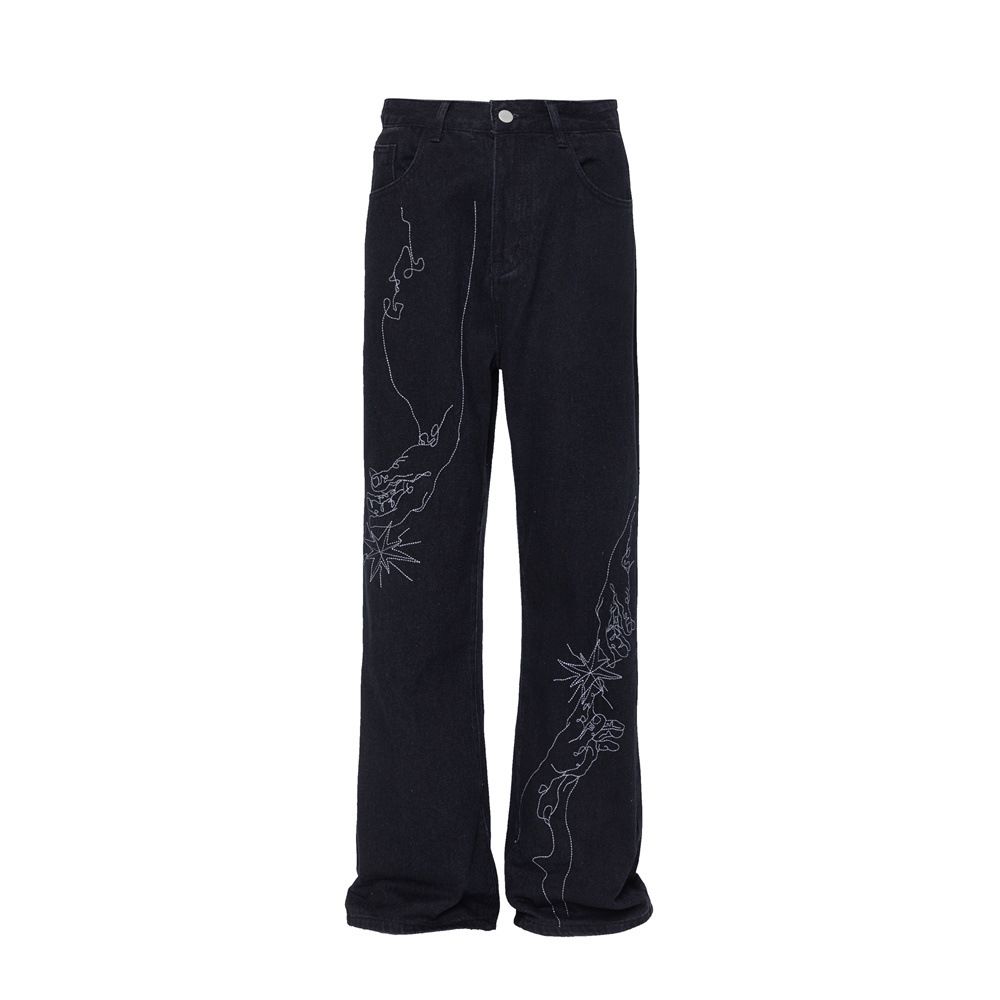Line Embroidery Straight Jeans Men's High Street Trend Dark Style Personality Loose Casual Wide Leg Long Floor-Length_mkmklike.com