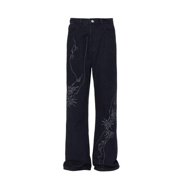 Line Embroidery Straight Jeans Men's High Street Trend Dark Style Personality Loose Casual Wide Leg Long Floor-Length_mkmklike.com