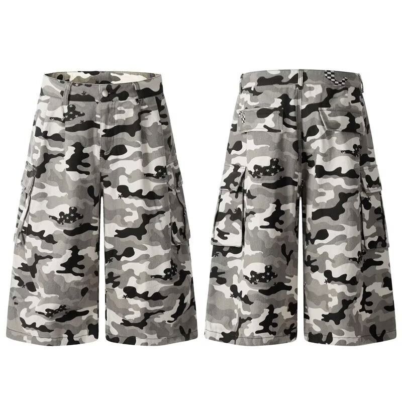 Men's Retro American Style Multi Pocket Pleated Camouflage Capri Pants Summer Trendy Wide Leg Loose Straight Casual Style_mkmklike.com