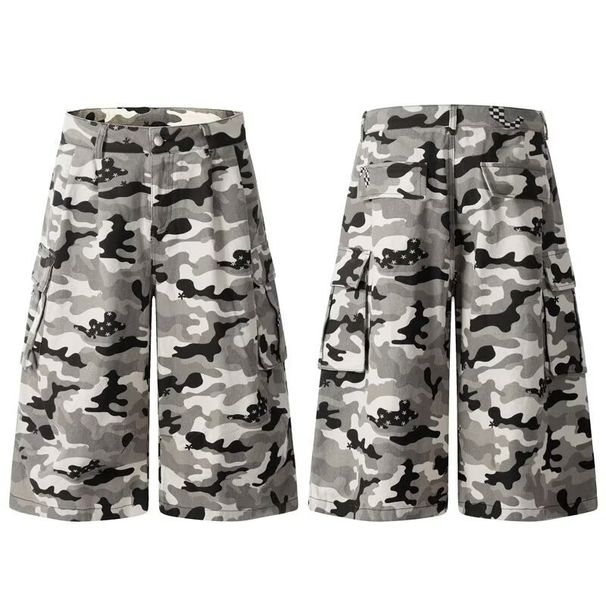 Men's Retro American Style Multi Pocket Pleated Camouflage Capri Pants Summer Trendy Wide Leg Loose Straight Casual Style_mkmklike.com