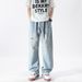Men's Distressed Light Blue Jeans - Relaxed Straight Leg Ripped Denim Pants With Elastic Waist For Casual Streetwear_mkmklike.com