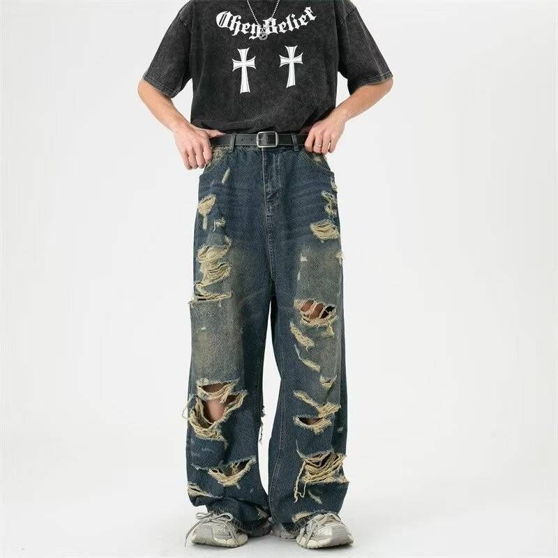 Ripped Distressed Boyfriend Jeans – Summer Streetwear Relaxed Fit Denim Pants For Men & Women_mkmklike.com