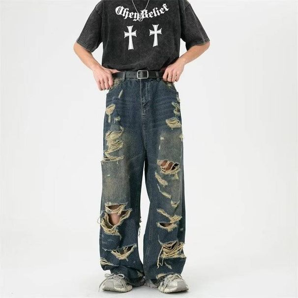 Ripped Distressed Boyfriend Jeans – Summer Streetwear Relaxed Fit Denim Pants For Men & Women_mkmklike.com