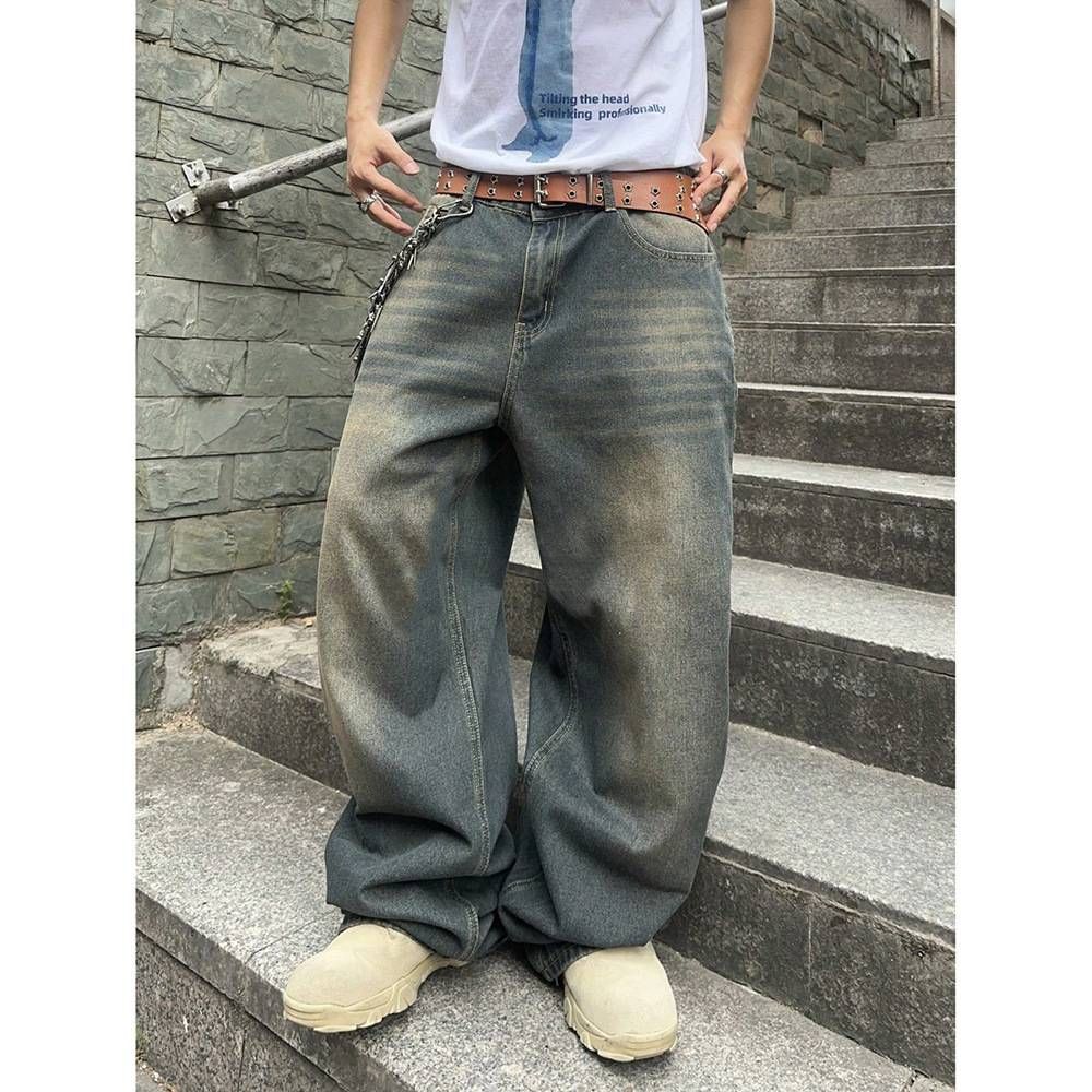 "Men's Vintage Washed Denim Jeans – High Waist, Loose Fit, Straight Leg, S-XXXL, Distressed Style For Casual & Streetwear"_mkmklike.com