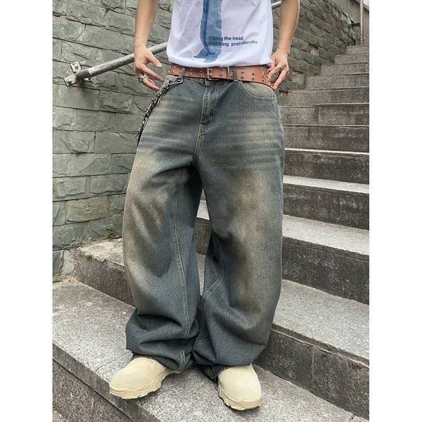 "Men's Vintage Washed Denim Jeans – High Waist, Loose Fit, Straight Leg, S-XXXL, Distressed Style For Casual & Streetwear"_mkmklike.com