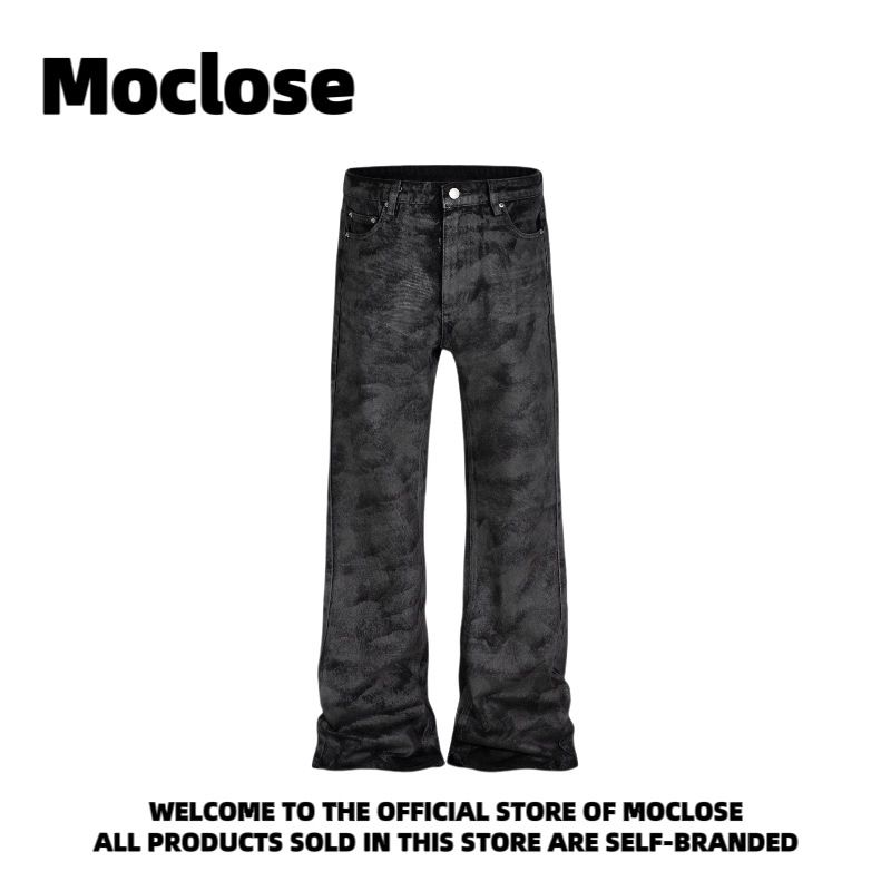 Men's High-Street Vintage Wax-Coated Jeans – Relaxed Wide-Leg Micro Flare With Distressed Hem For Urban Edge"_mkmklike.com