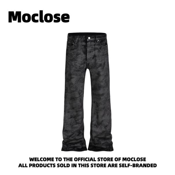 Men's High-Street Vintage Wax-Coated Jeans – Relaxed Wide-Leg Micro Flare With Distressed Hem For Urban Edge"_mkmklike.com